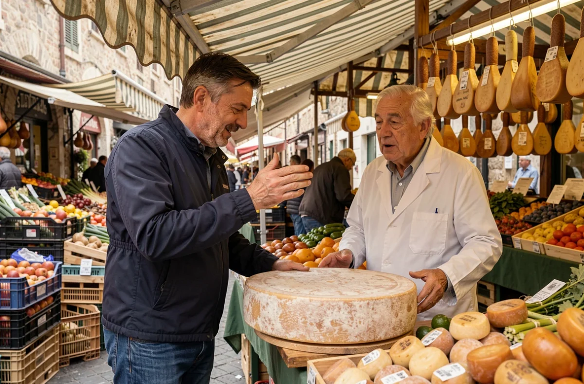 Touriste découvrant un fromage Pecorino Romano avec un fromager au marché Campo de' Fiori à Rome