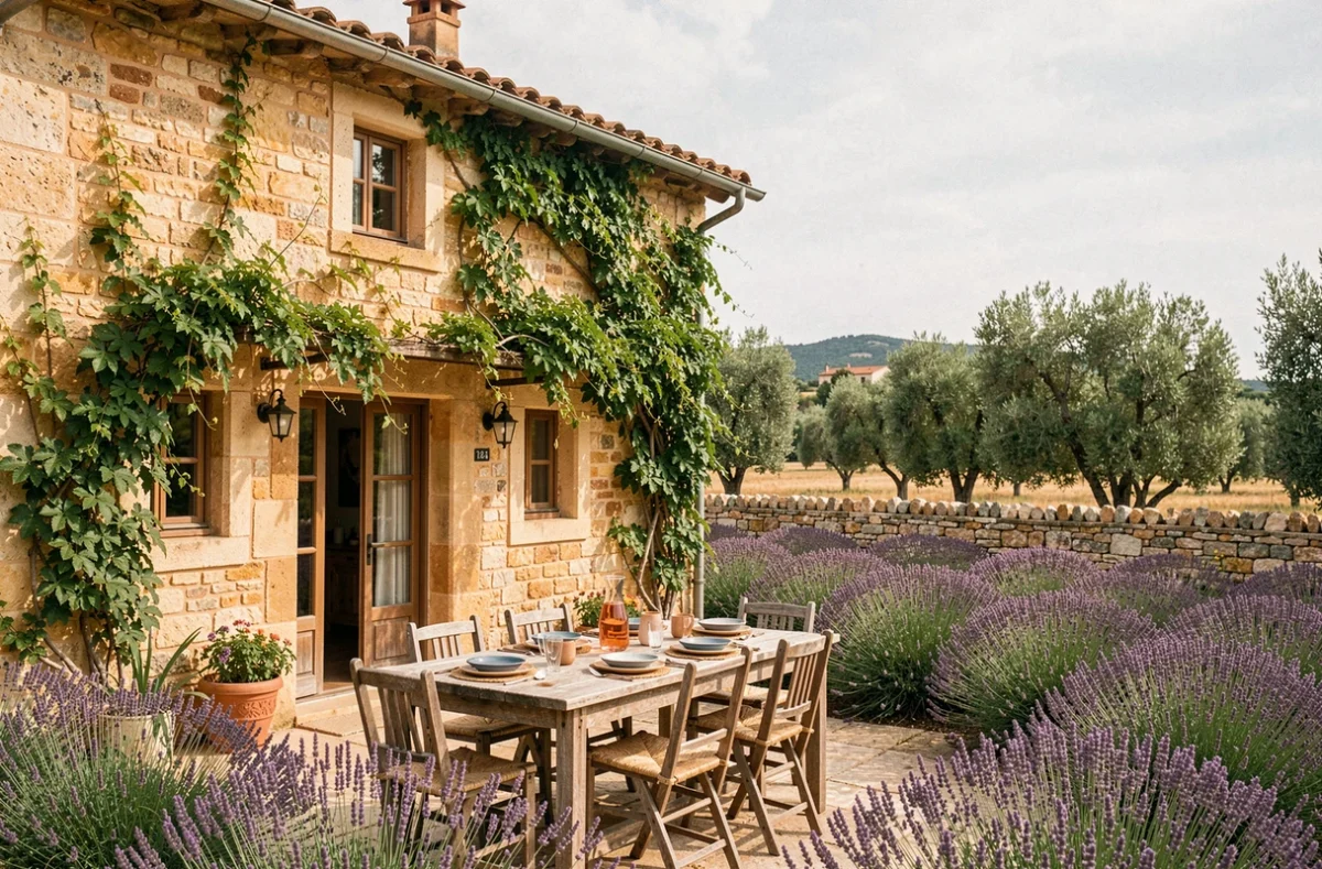 Le Mas des Music en Drôme provençale avec terrasse en pierre, table dressée en plein air et champ de lavande en arrière-plan