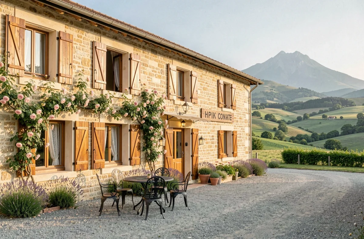 Façade typique d'une chambre d'hôtes en pierre en Isère, entourée de collines verdoyantes