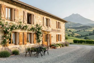Façade typique d'une chambre d'hôtes en pierre en Isère, entourée de collines verdoyantes