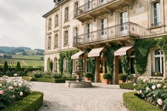 Façade d'un hôtel 4 étoiles dans le Grand Est avec jardin fleuri et vue sur vignobles