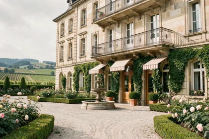 Façade d'un hôtel 4 étoiles dans le Grand Est avec jardin fleuri et vue sur vignobles