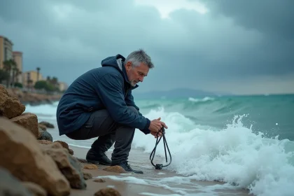 Météorologue mesurant la température de l'eau en bord de mer à Nice sous un ciel d'orage