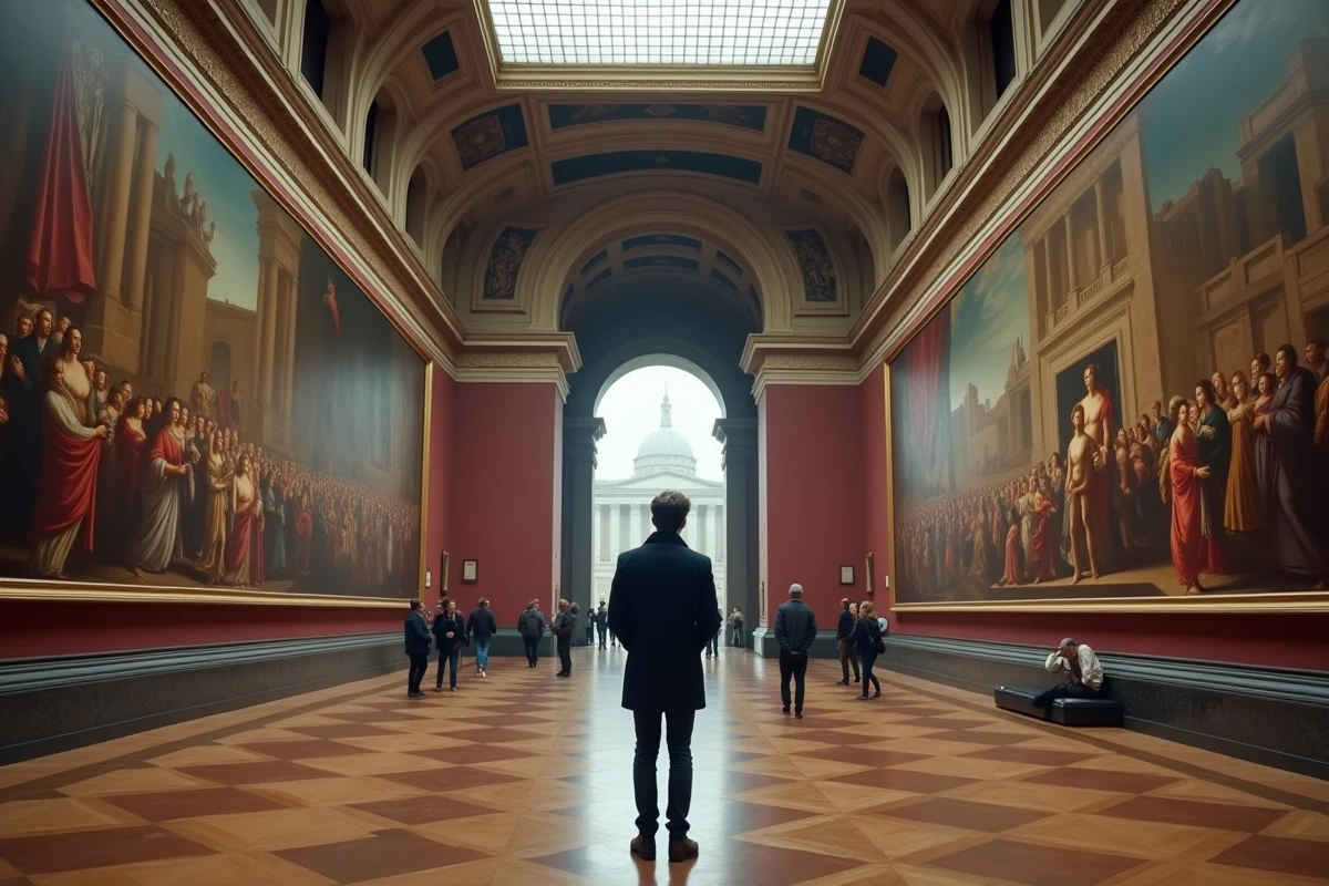 Visiteur contemplant une peinture de la Renaissance dans la grande galerie du musée de Capodimonte à Naples