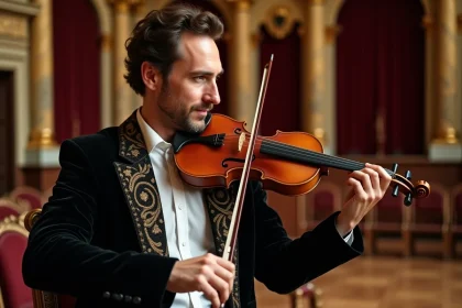 Musicien en veste de velours noir jouant du violon baroque dans une salle de concert dorée aux colonnes ornementales