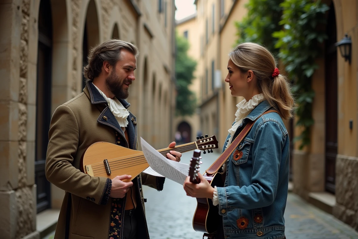 Deux musiciens tenant un luth baroque et une guitare électrique dans une ruelle pavée européenne, mélange de styles historique et contemporain