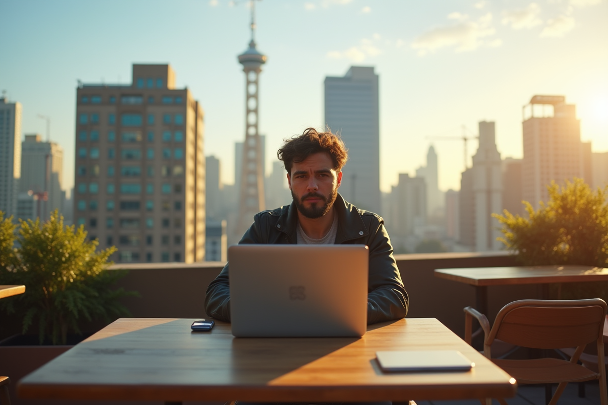 Nomade digital inquiet sur un rooftop avec ville en arrière-plan