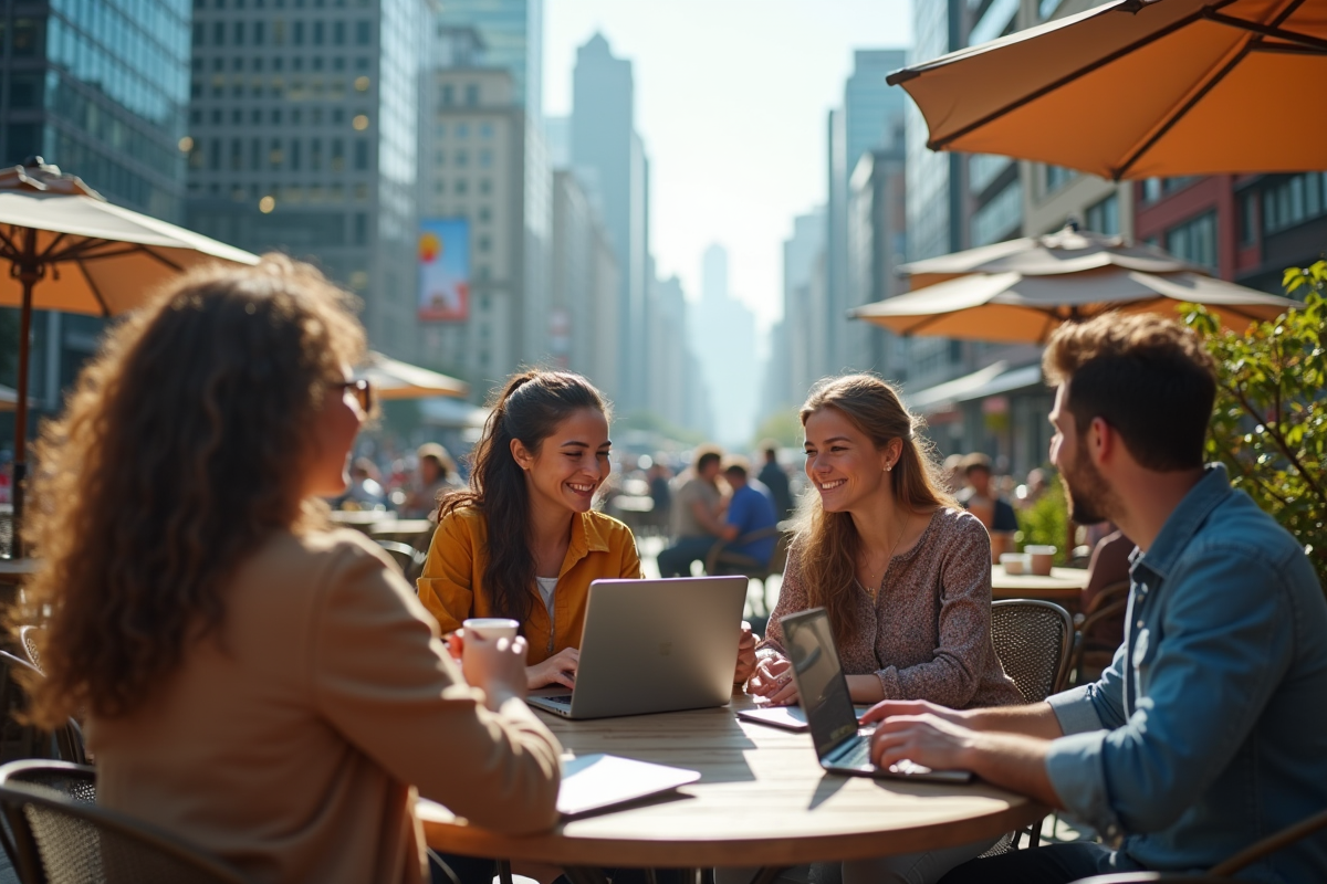 Groupe de nomades numériques dans un café urbain en matinée