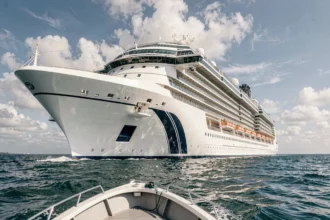 Nouveau bateau de croisière géant naviguant en pleine mer, vue grand angle depuis un canot à niveau de l'eau