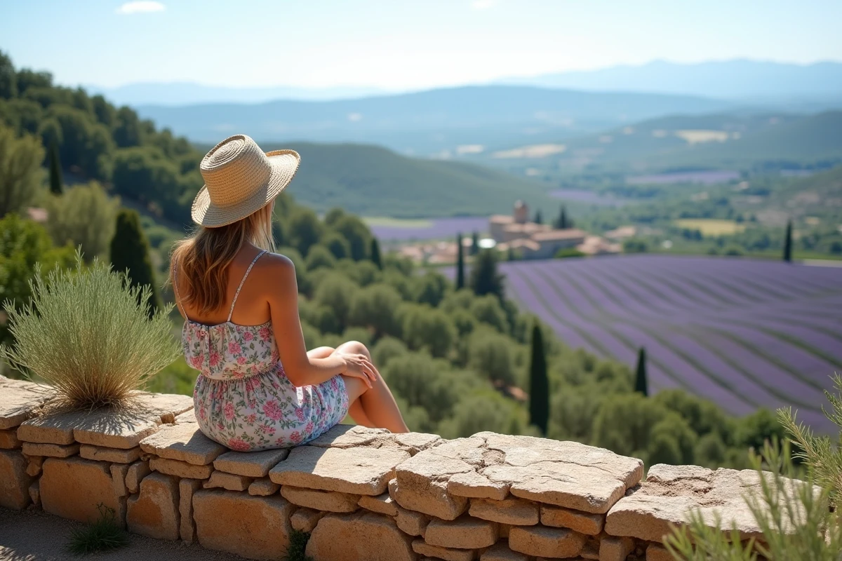 Femme admirant le panorama du Luberon depuis un muret en pierre avec vue sur les champs de lavande et les villages provençaux