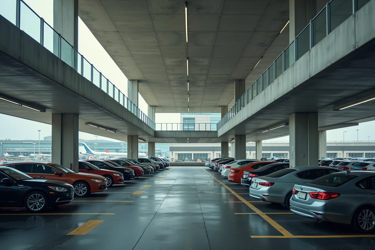 Parking extérieur multi-niveaux de l'aéroport Mohammed V de Casablanca avec rangées de voitures et terminal en arrière-plan