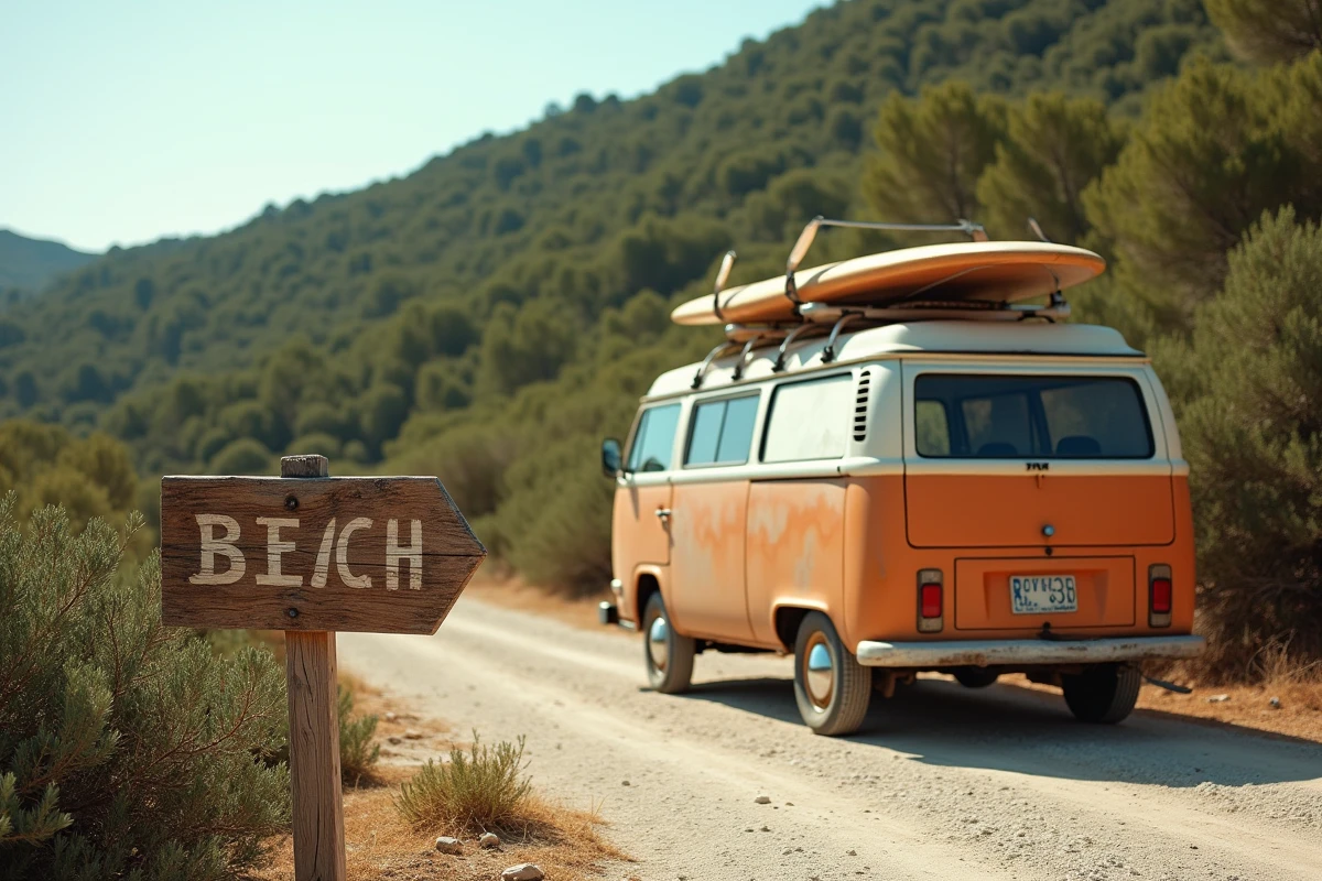 Camping-car garé sur un chemin de terre menant à la plage de Cala d'Orzu en Corse avec panneau de direction