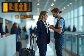 Passagère French bee au comptoir d'enregistrement avec agent de compagnie aérienne à l'aéroport