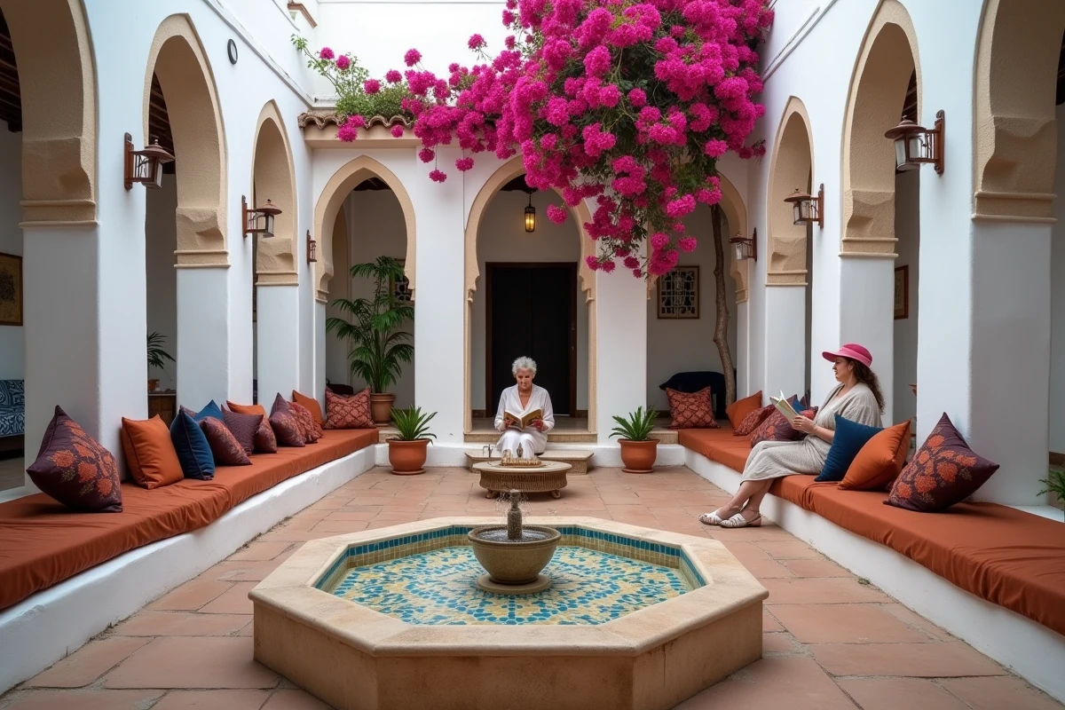 Patio intérieur traditionnel d'une maison d'hôtes à Djerba avec fontaine en mosaïque et bougainvillée