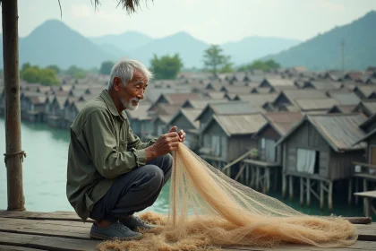 Pêcheur âgé réparant un filet sur une maison sur pilotis