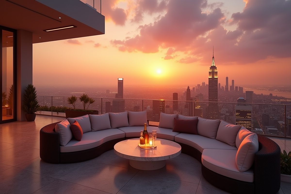 Terrasse de penthouse avec vue sur la ville au coucher du soleil