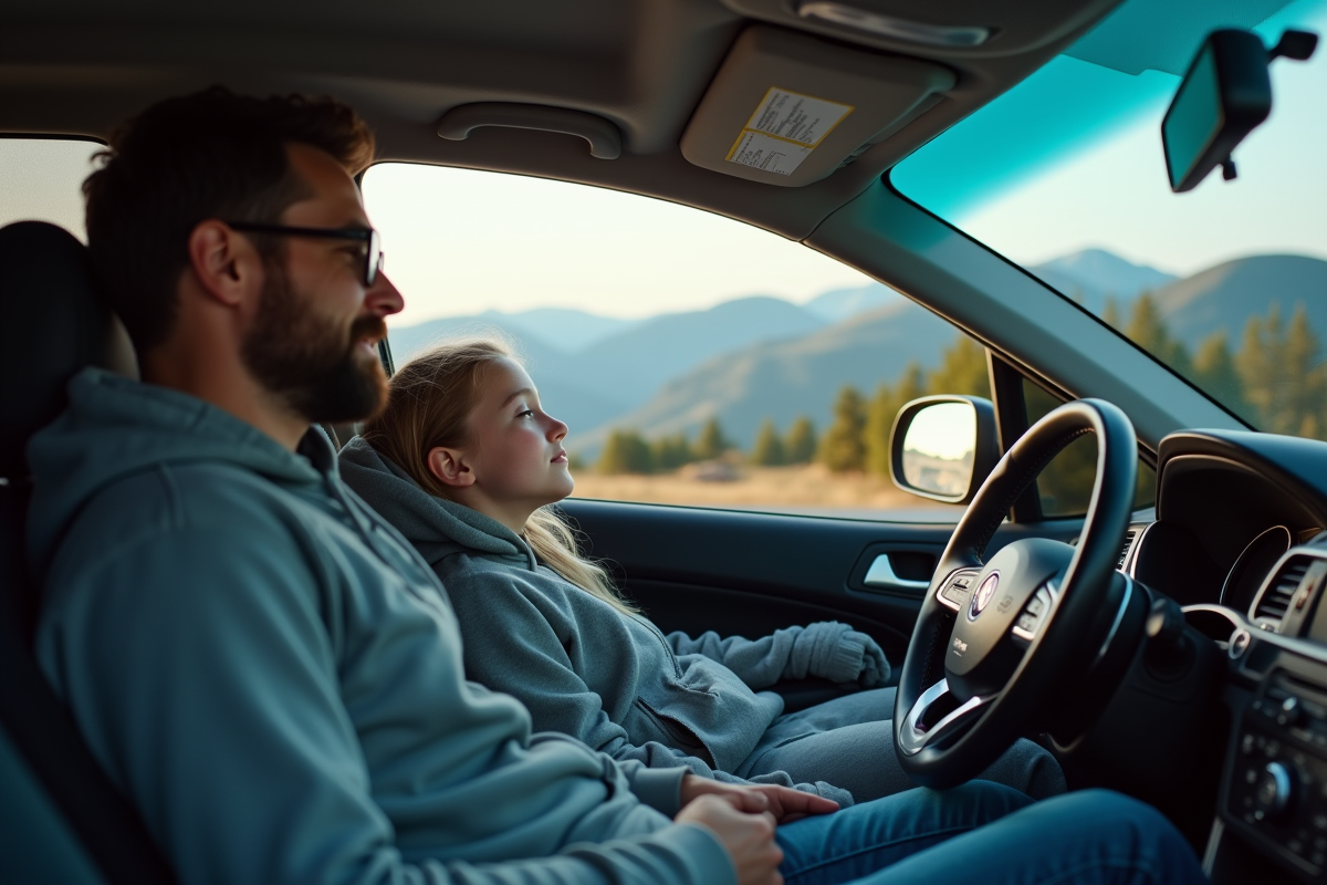 Pere et fille dormant dans une voiture au repos