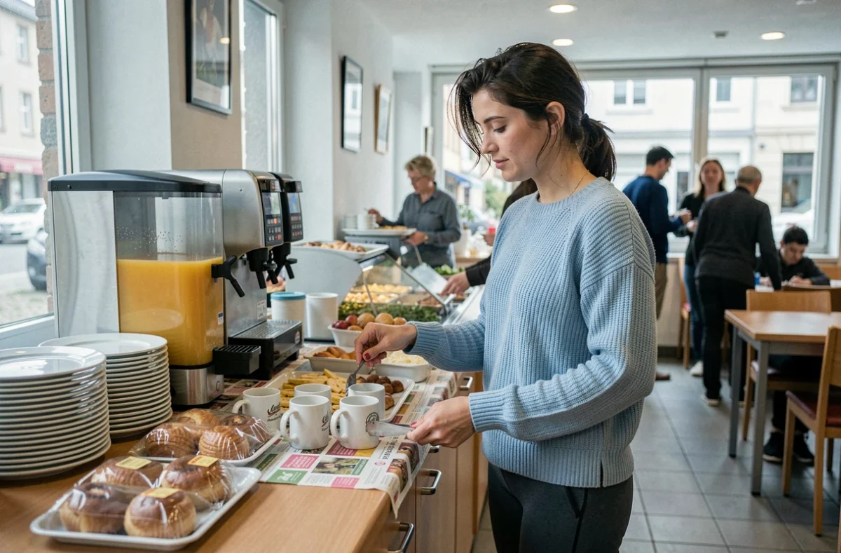 Espace petit-déjeuner d'un hôtel budget à Strasbourg, une femme se sert au buffet matinal en libre-service