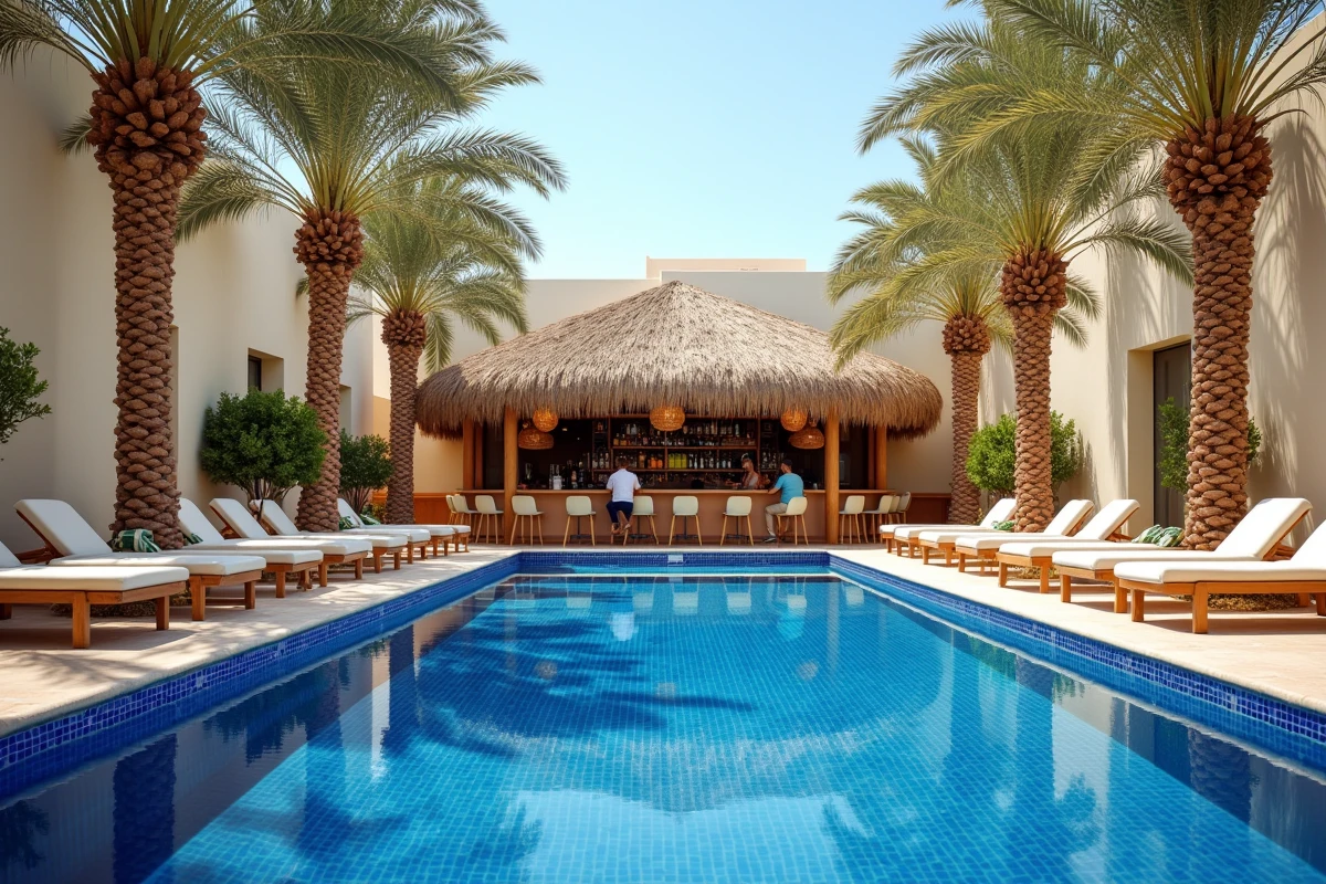 Piscine à débordement d'un grand hôtel de luxe à Djerba avec palmiers et bar en bord de piscine