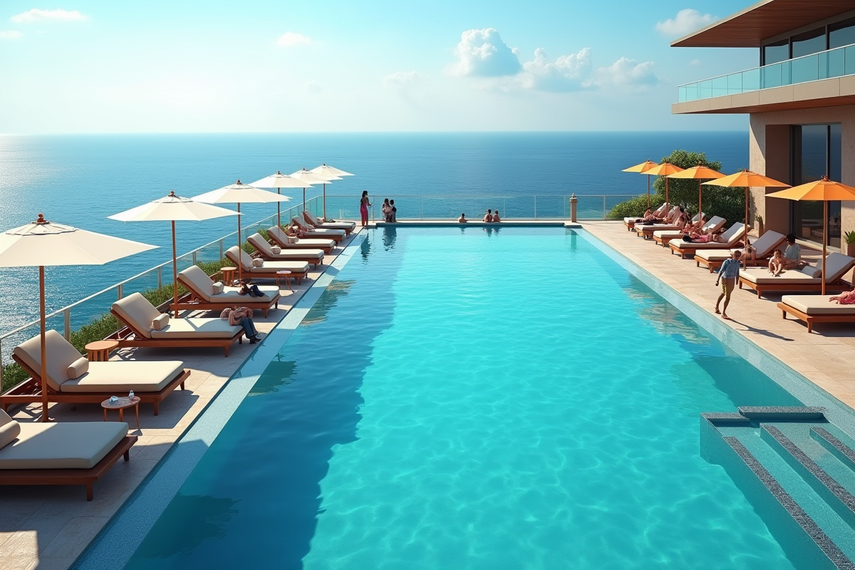 Piscine à débordement sur le toit avec vue sur l