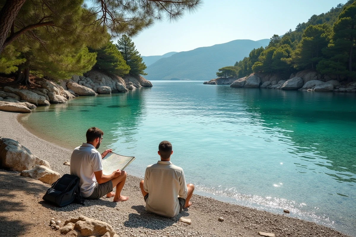 Plage de galets isol&eacute;e &agrave; Skopelos bord&eacute;e de pins avec un couple consultant une carte de l'&icirc;le
