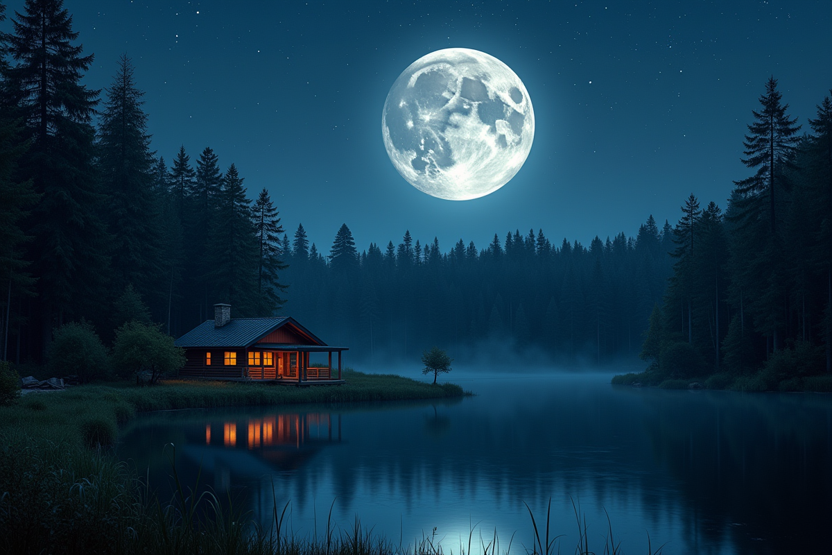 Lune pleine au-dessus d'une forêt calme avec un barrage et un lodge