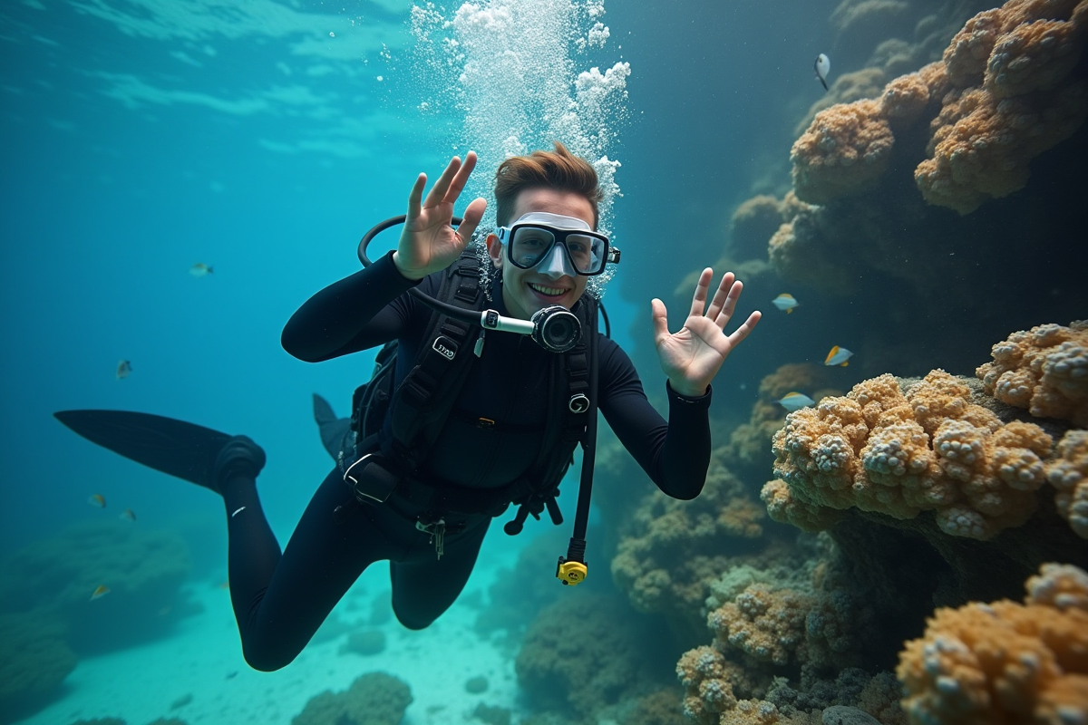 Jeune homme nageant près du corail avec signal OK sous l