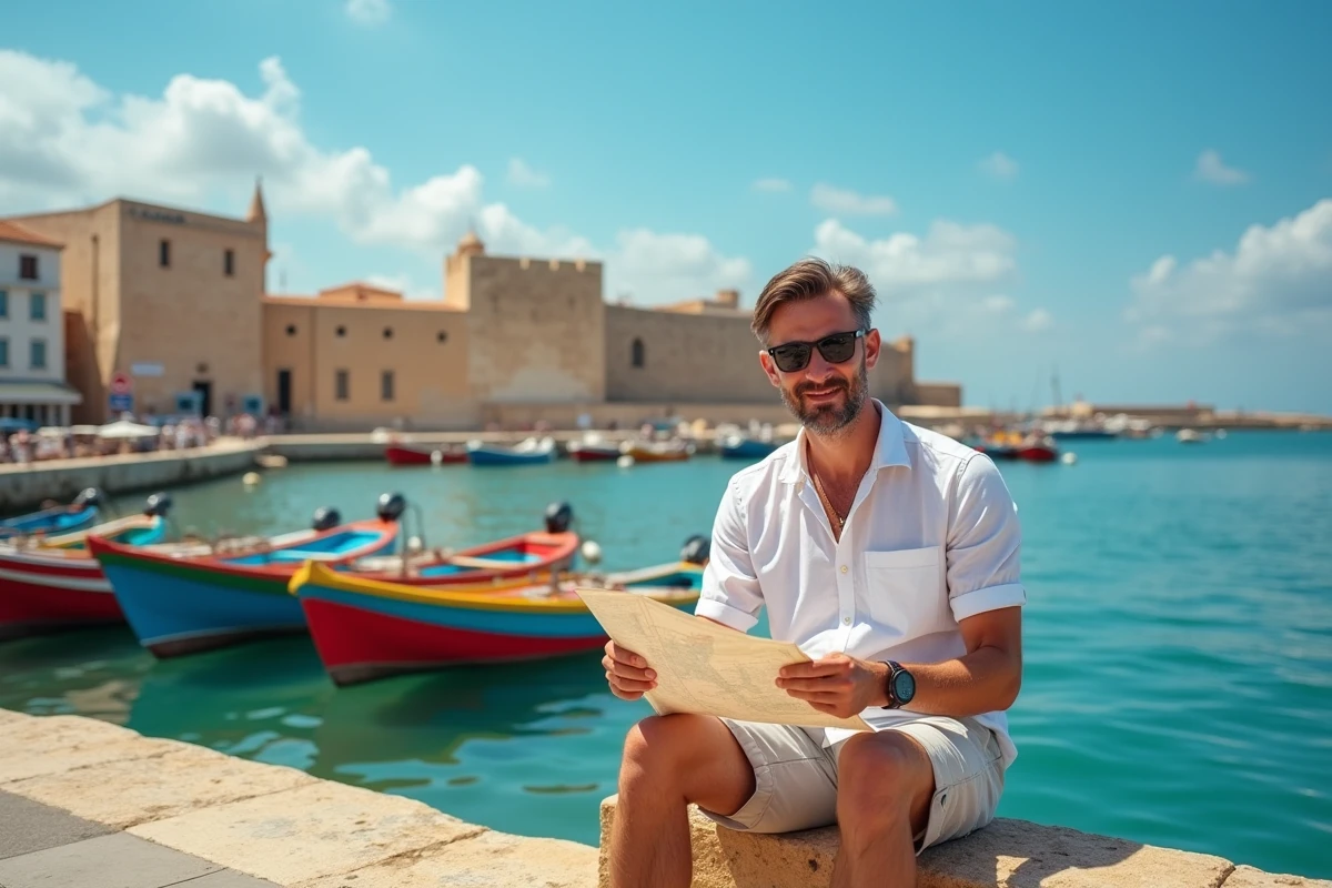 Voyageur consultant une carte au bord du port de Monopoli avec des bateaux colorés et le château Carlo V en arrière-plan