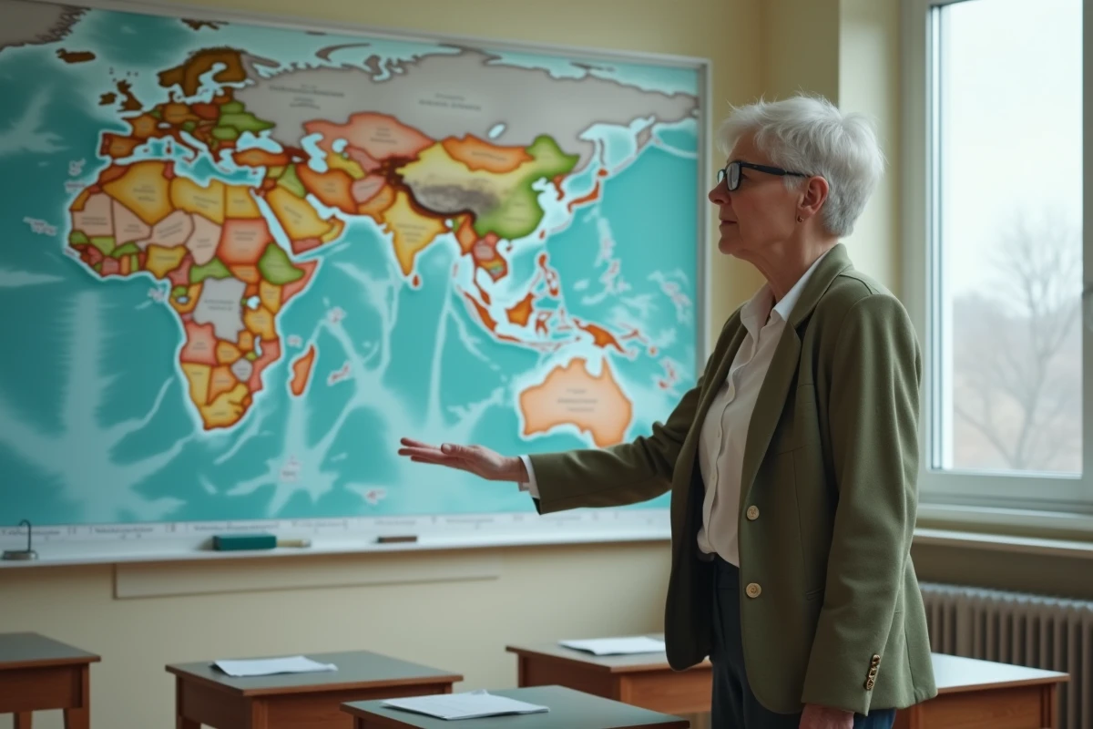 Professeure de géographie montrant la région du Groenland sur une carte du monde dans une salle de classe