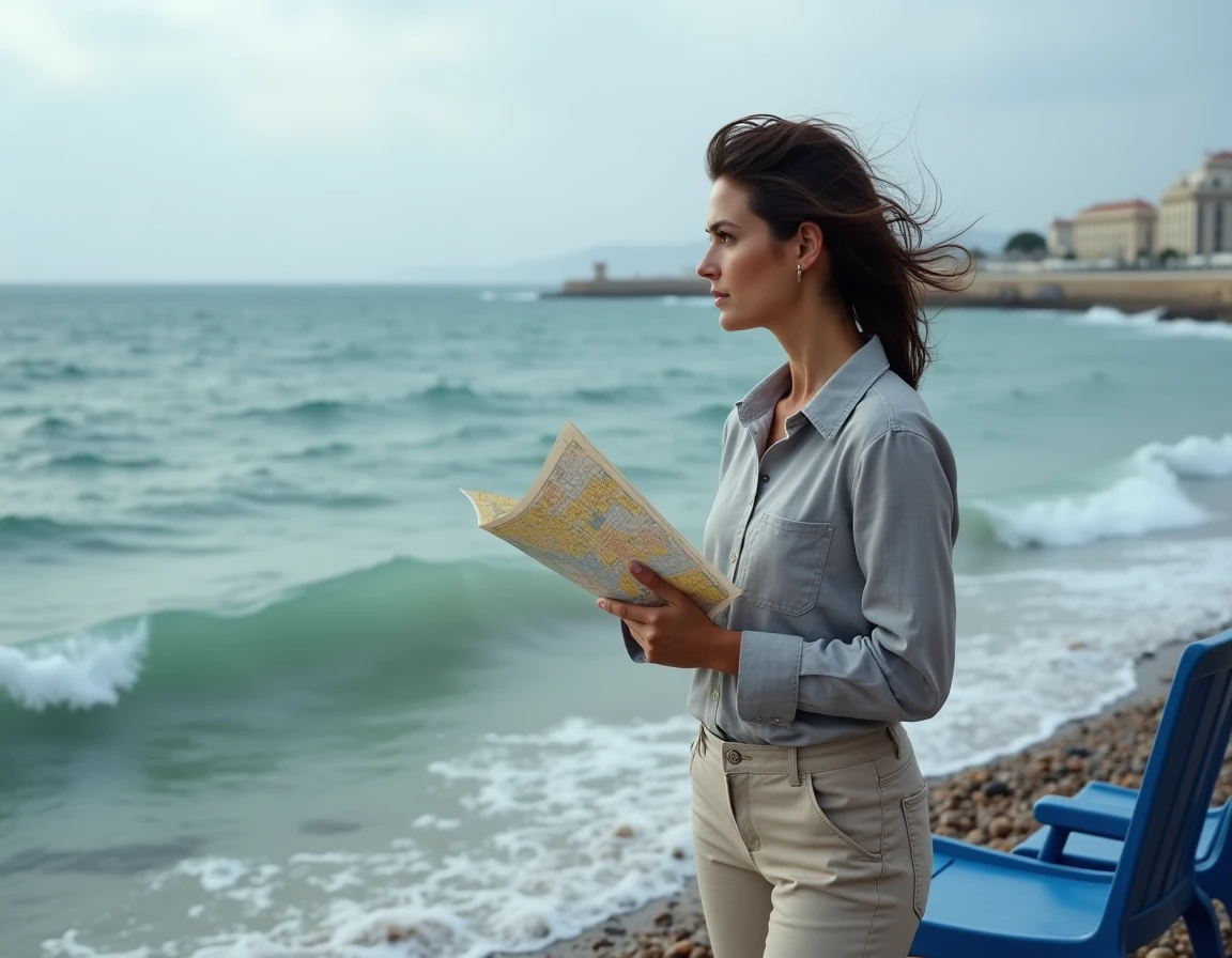 Femme sur la Promenade des Anglais &agrave; Nice apr&egrave;s un orage estival observant la mer agit&eacute;e
