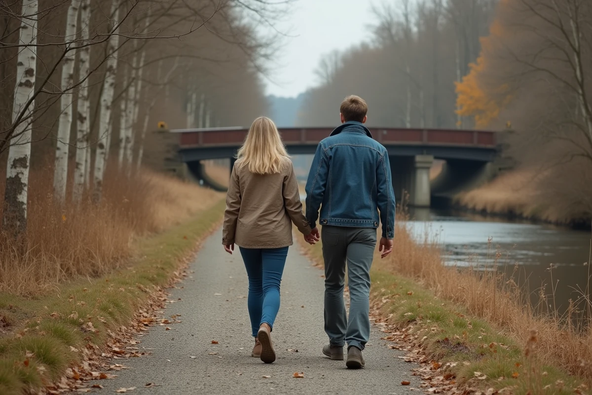 Couple se promenant le long du canal Landwehr dans le quartier Neukölln de Berlin en automne, une balade hors des sentiers battus