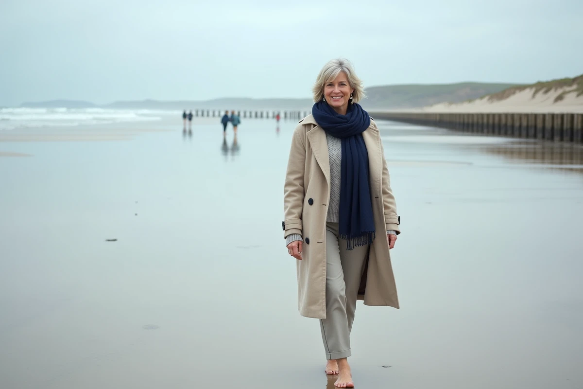 Femme se promenant sur une grande plage de Normandie à marée basse avec reflets dans le sable mouillé