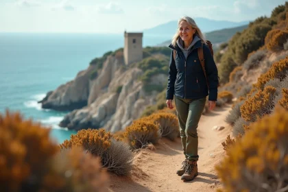 Femme randonneuse sur la côte corse avec tour génoise