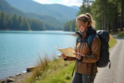 Femme souriante en randonnée au lac de Gérardmer