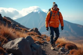 Randonneur débutant en veste orange sur le sentier volcanique du Kilimandjaro avec vue sur le sommet enneigé