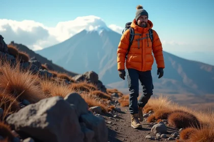 Randonneur débutant en veste orange sur le sentier volcanique du Kilimandjaro avec vue sur le sommet enneigé