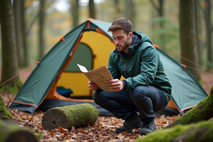 Jeune homme en randonn&eacute;e dans une for&ecirc;t belge avec tente et carte