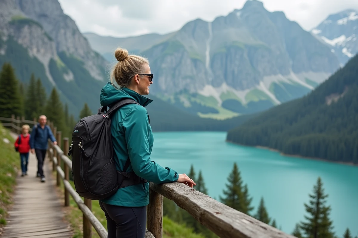 Femme randonneuse sur un belvédère en bois contemplant le lac Oeschinensee et les sommets alpins enneigés