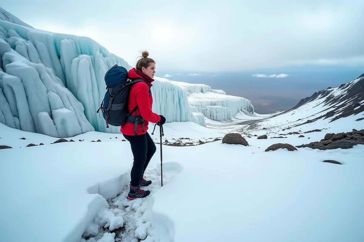 Randonneuse solitaire traversant un champ de neige près du sommet Uhuru du Kilimandjaro face aux glaciers