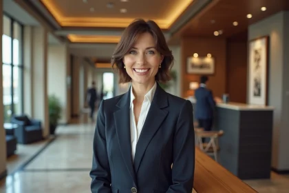 Femme d'affaires &agrave; l'accueil d'un h&ocirc;tel moderne