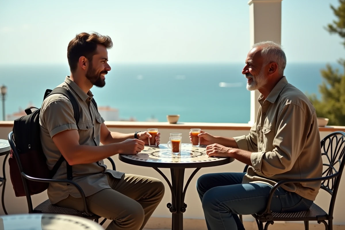 Voyageur solo échangeant avec un habitant de Tanger autour d'un thé à la menthe en terrasse avec vue sur le détroit de Gibraltar