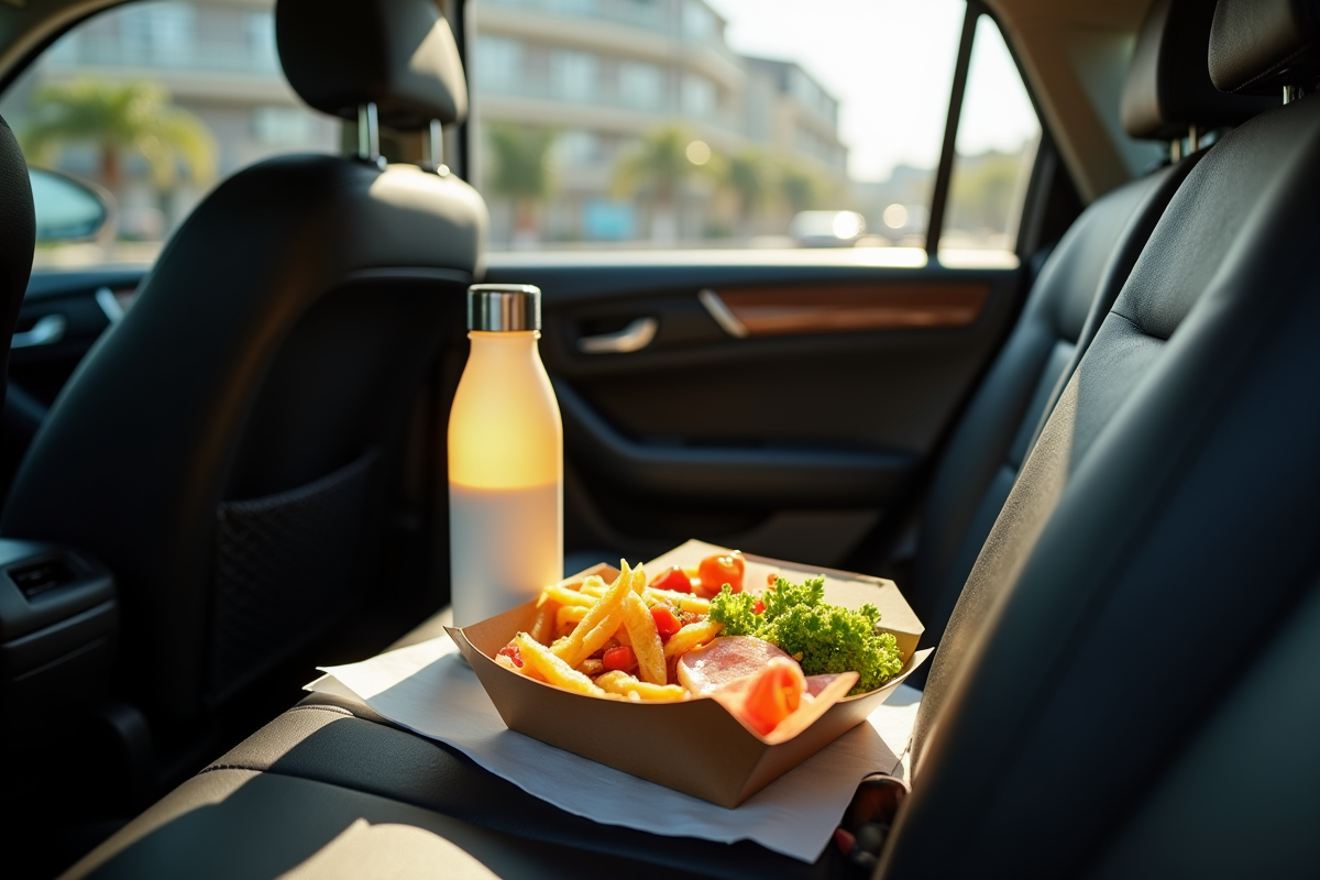 Repas à emporter et bouteille d