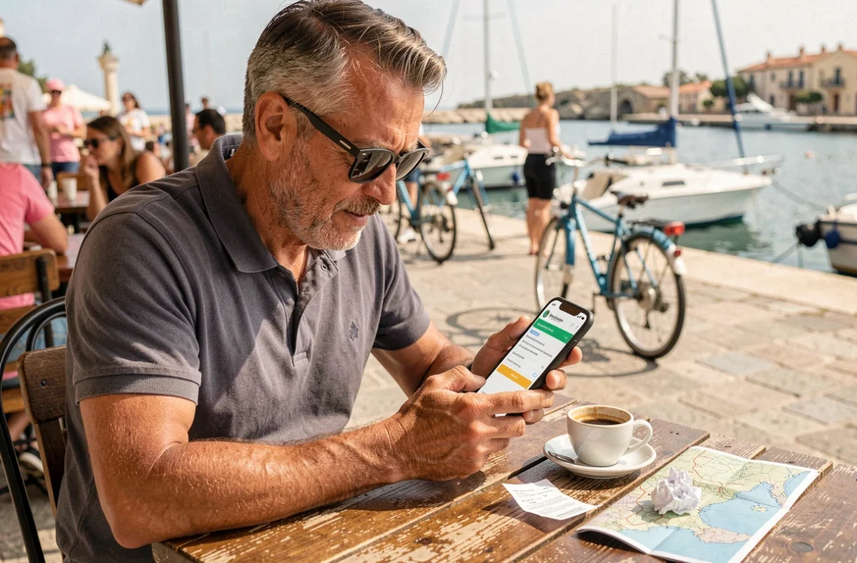 Homme réservant en ligne un billet de ferry pour Porquerolles depuis un café du port de Hyères