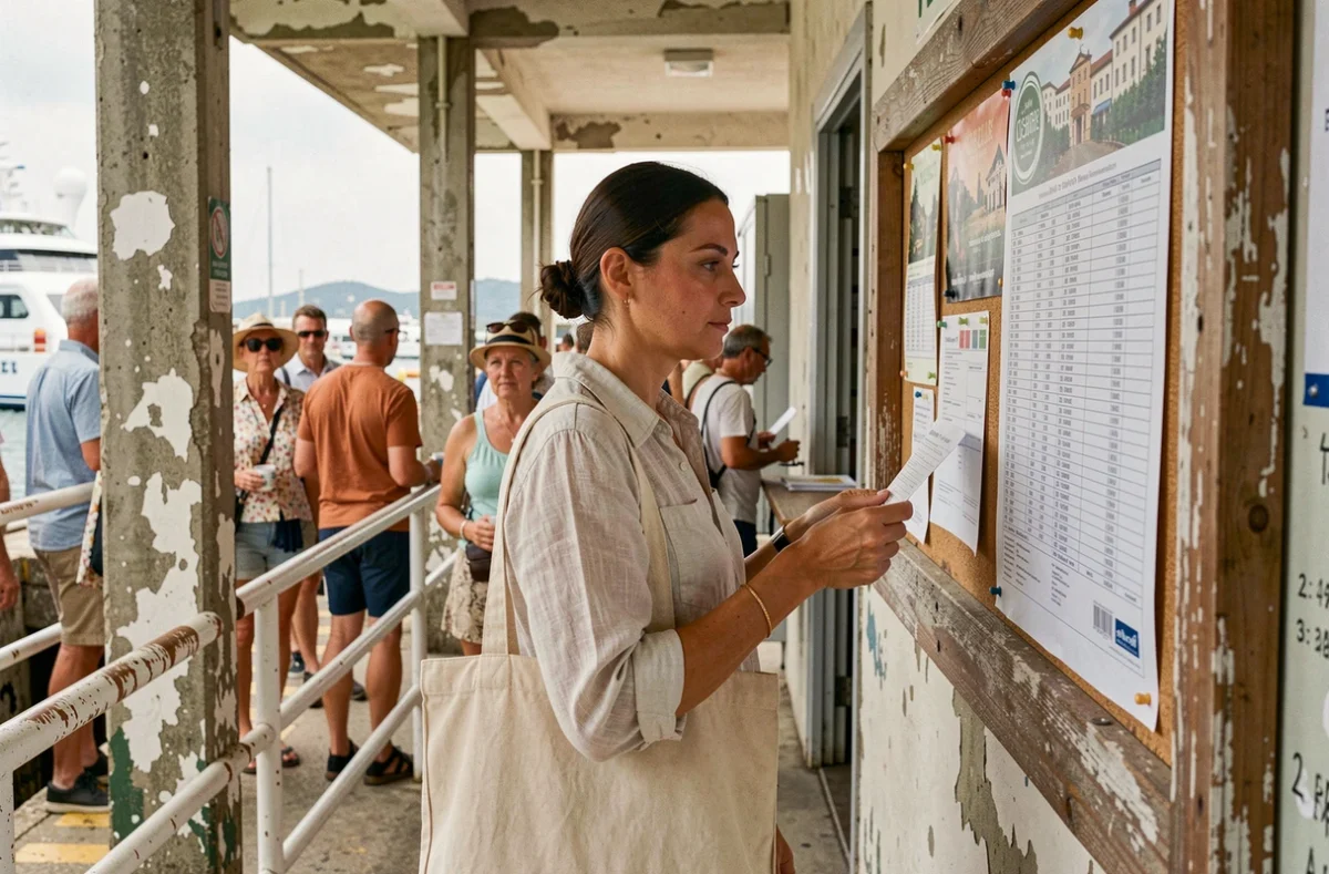 Femme consultant le tableau des horaires de ferry au guichet d'embarquement pour Porquerolles