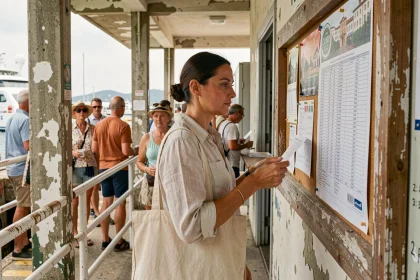 Femme consultant le tableau des horaires de ferry au guichet d'embarquement pour Porquerolles