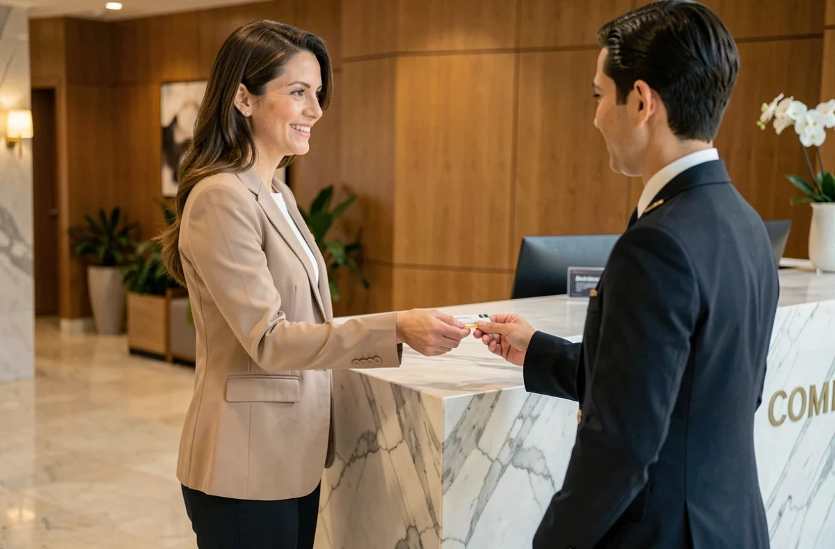 Femme réservant une chambre d'hôtel à la journée à la réception d'un hôtel boutique moderne