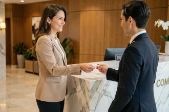 Femme réservant une chambre d'hôtel à la journée à la réception d'un hôtel boutique moderne