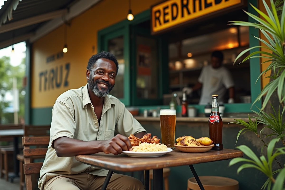 Touriste savourant un repas traditionnel de jerk chicken dans un restaurant local authentique à Kingston, Jamaïque