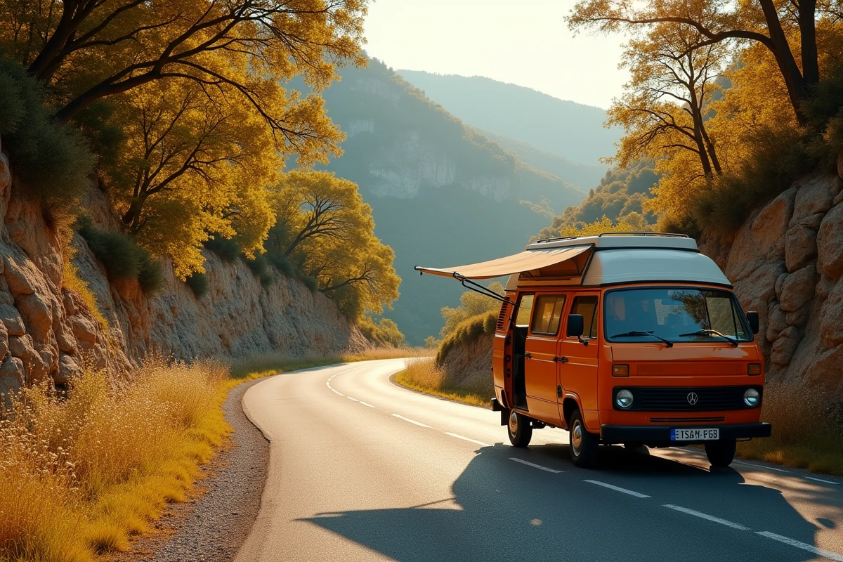 Route sinueuse dans la vallée de l'Eyrieux en Ardèche avec un camping-car vintage garé en bord de chemin entouré de forêts et de falaises calcaires