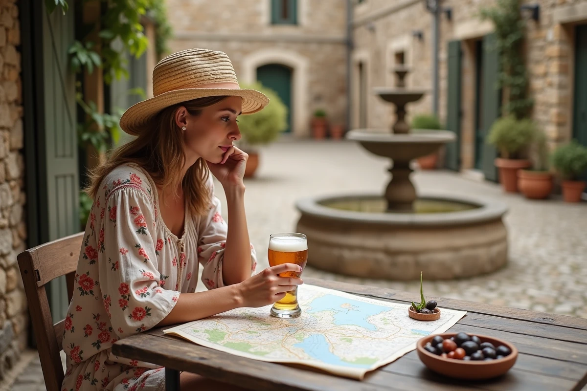 Voyageuse solitaire consultant une carte routière en terrasse d'une auberge dans un village traditionnel d'Ardèche pendant un road trip